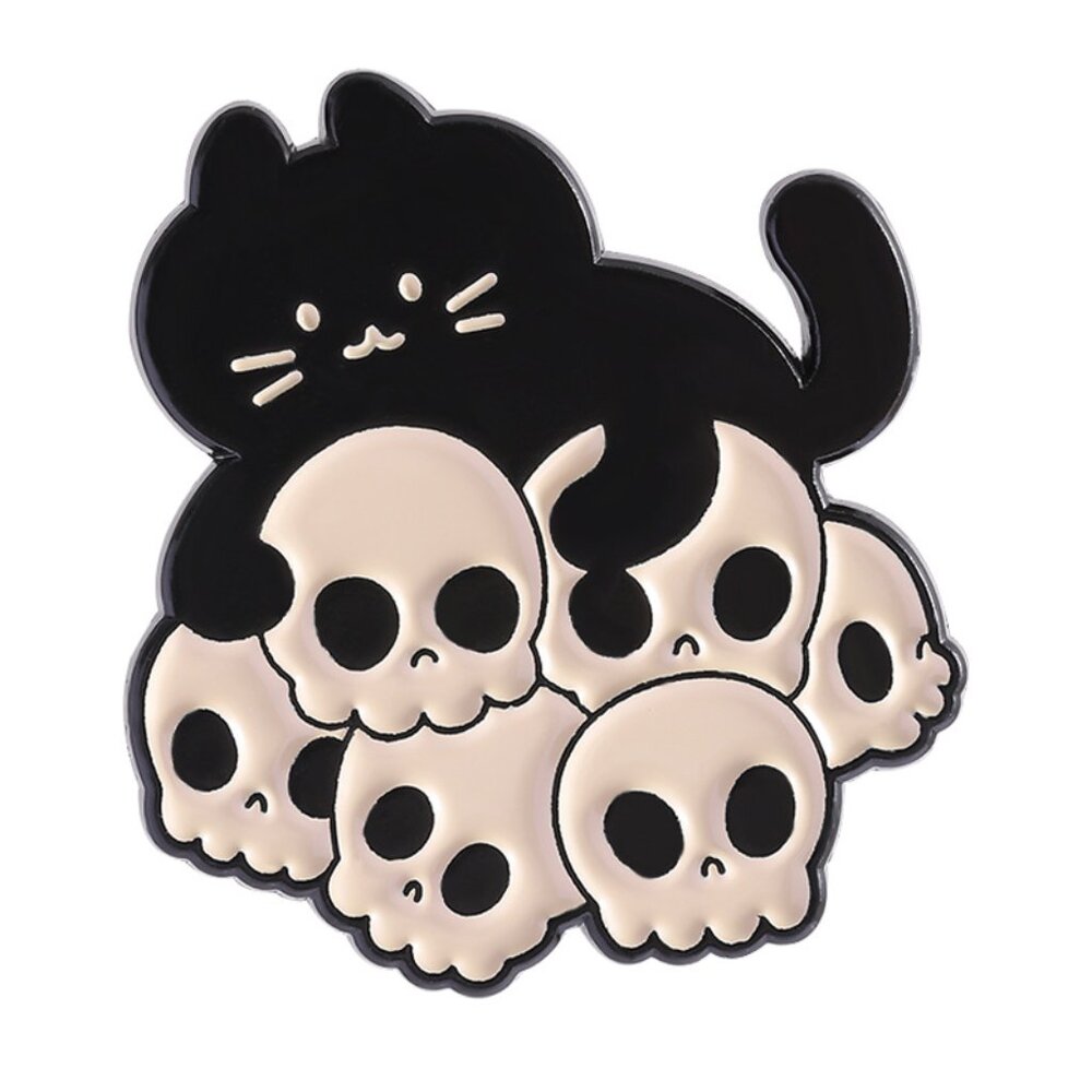 Black Cat & Skull Enamel Pin | Cute Spooky Goth Cat Lapel Pin | Halloween Aesthe